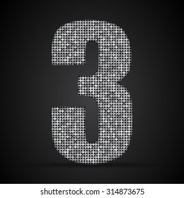 Vector sequins number - 3. Glitter font shape of silver dots, points, circles. Sequin type, alphabet, font. Creative disco club bright sparkle. Silver glitters, sparkles, paillettes figures.