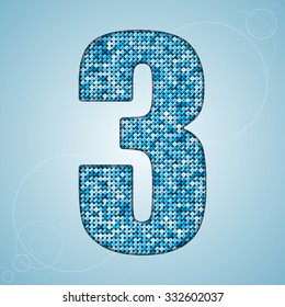 Vector sequins number - 3. Glitter font shape of blue dots, points, circles. Sequin type, alphabet, font. Creative disco club bright sparkle. Blue glitters, sparkles, paillettes figures.