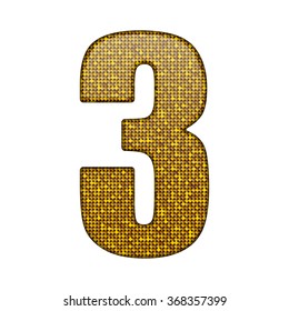 Vector sequins number - 3. Glitter font shape of golden dots, points, circles. Sequin type, alphabet, font. Creative disco club bright sparkle. Gold glitters, sparkles, paillettes figures.