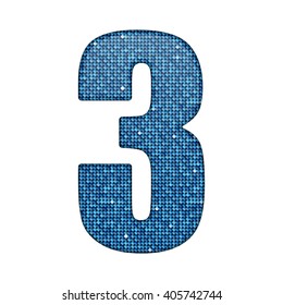 Vector sequins number - 3. Glitter font shape of blue dots, points, circles. Sequin type, alphabet, font. Creative disco club bright sparkle. Blue glitters, sparkles, paillettes figures.