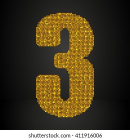 Vector sequins number - 3. Glitter font shape of golden dots, points, circles. Sequin type, alphabet, font. Creative disco club bright sparkle. Gold glitters, sparkles, paillettes figures.