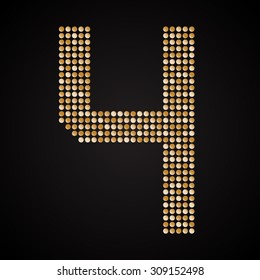 Vector sequins number - 4. Glitter font shape of golden dots, points, circles. Sequin type, alphabet, font. Creative disco club bright sparkle. Gold glitters, sparkles, paillettes figures.