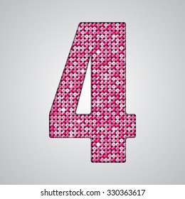 Vector sequins number - 4. Glitter font shape of pink dots, points, circles. Sequin type, alphabet, font. Creative disco club bright sparkle. Pink glitters, sparkles, paillettes figures.