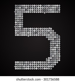 Vector sequins number - 5. Glitter font shape of silver dots, points, circles. Sequin type, alphabet, font. Creative disco club bright sparkle. Silver glitters, sparkles, paillettes figures.