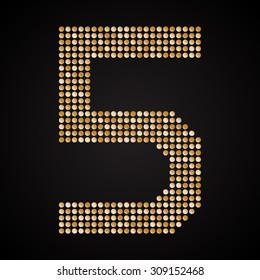 Vector sequins number - 5. Glitter font shape of golden dots, points, circles. Sequin type, alphabet, font. Creative disco club bright sparkle. Gold glitters, sparkles, paillettes figures.