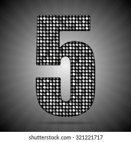 Vector sequins number - 5. Glitter font shape of silver dots, points, circles. Sequin type, alphabet, font. Creative disco club bright sparkle. Silver glitters, sparkles, paillettes figures.