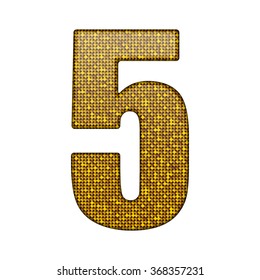 Vector sequins number - 5. Glitter font shape of golden dots, points, circles. Sequin type, alphabet, font. Creative disco club bright sparkle. Gold glitters, sparkles, paillettes figures.