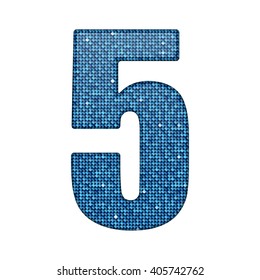 Vector sequins number - 5. Glitter font shape of blue dots, points, circles. Sequin type, alphabet, font. Creative disco club bright sparkle. Blue glitters, sparkles, paillettes figures.