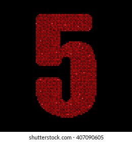 Vector sequins number - 5. Glitter font shape of red dots, points, circles. Sequin type, alphabet, font. Creative disco club bright sparkle. Red glitters, sparkles, paillettes figures.