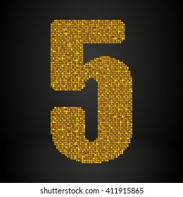 Vector sequins number - 5 Glitter font shape of golden dots, points, circles. Sequin type, alphabet, font. Creative disco club bright sparkle. Gold glitters, sparkles, paillettes figures.