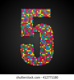 Vector sequins number - 5. Glitter font shape of colored dots, points, circles. Sequin type, alphabet, font. Creative disco club bright sparkle. Multi color glitters, sparkles, paillettes figures.