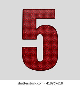 Vector sequins number - 5. Glitter font shape of red dots, points, circles. Sequin type, alphabet, font. Creative disco club bright sparkle. Red glitters, sparkles, paillettes figures.