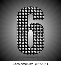 Vector sequins number - 6. Glitter font shape of silver dots, points, circles. Sequin type, alphabet, font. Creative disco club bright sparkle. Silver glitters, sparkles, paillettes figures.