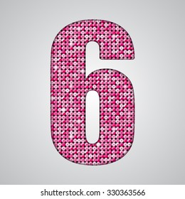 Vector sequins number - 6. Glitter font shape of pink dots, points, circles. Sequin type, alphabet, font. Creative disco club bright sparkle. Pink glitters, sparkles, paillettes figures.