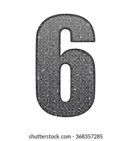 Vector sequins number - 6. Glitter font shape of silver dots, points, circles. Sequin type, alphabet, font. Creative disco club bright sparkle. Silver glitters, sparkles, paillettes figures.