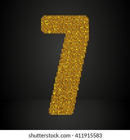 Vector sequins number - 7. Glitter font shape of golden dots, points, circles. Sequin type, alphabet, font. Creative disco club bright sparkle. Gold glitters, sparkles, paillettes figures.
