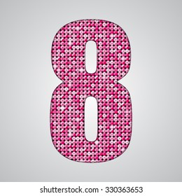 Vector sequins number - 8. Glitter font shape of pink dots, points, circles. Sequin type, alphabet, font. Creative disco club bright sparkle. Pink glitters, sparkles, paillettes figures.