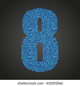 Vector sequins number - 8. Glitter font shape of blue dots, points, circles. Sequin type, alphabet, font. Creative disco club bright sparkle. Blue glitters, sparkles, paillettes figures.
