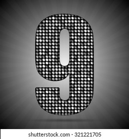 Vector sequins number - 9. Glitter font shape of silver dots, points, circles. Sequin type, alphabet, font. Creative disco club bright sparkle. Silver glitters, sparkles, paillettes figures.
