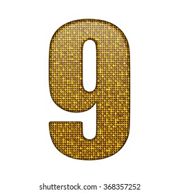 Vector sequins number - 9. Glitter font shape of golden dots, points, circles. Sequin type, alphabet, font. Creative disco club bright sparkle. Gold glitters, sparkles, paillettes figures.