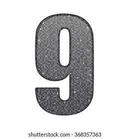 Vector sequins number - 9. Glitter font shape of silver dots, points, circles. Sequin type, alphabet, font. Creative disco club bright sparkle. Silver glitters, sparkles, paillettes figures.