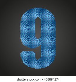 Vector sequins number - 9. Glitter font shape of blue dots, points, circles. Sequin type, alphabet, font. Creative disco club bright sparkle. Blue glitters, sparkles, paillettes figures.