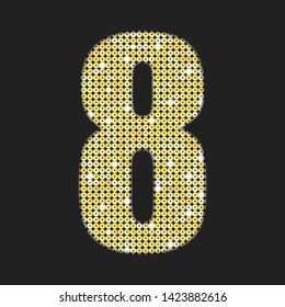 Vector sequins number - eight. Glitter font shape of golden dots, points, circles. Sequin type alphabet font. Creative disco club bright sparkle. Gold glitters, sparkles, paillettes figures.
