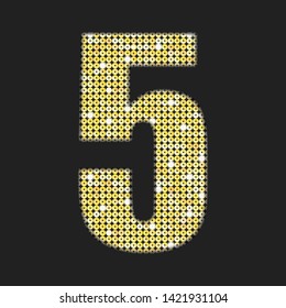 Vector sequins number - five. Glitter font shape of golden dots, points, circles. Sequin type alphabet font. Creative disco club bright sparkle. Gold glitters, sparkles, paillettes figures.