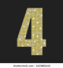 Vector sequins number - four. Glitter font shape of golden dots, points, circles. Sequin type alphabet font. Creative disco club bright sparkle. Gold glitters, sparkles, paillettes figures.