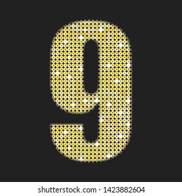 Vector sequins number - nine. Glitter font shape of golden dots, points, circles. Sequin type alphabet font. Creative disco club bright sparkle. Gold glitters, sparkles, paillettes figures.