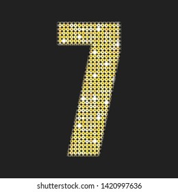 Vector sequins number - seven. Glitter font shape of golden dots, points, circles. Sequin type alphabet font. Creative disco club bright sparkle. Gold glitters, sparkles, paillettes figures.