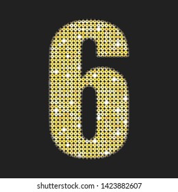 Vector sequins number - six. Glitter font shape of golden dots, points, circles. Sequin type alphabet font. Creative disco club bright sparkle. Gold glitters, sparkles, paillettes figures.