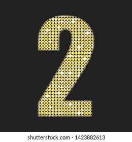 Vector sequins number - two. Glitter font shape of golden dots, points, circles. Sequin type alphabet font. Creative disco club bright sparkle. Gold glitters, sparkles, paillettes figures.