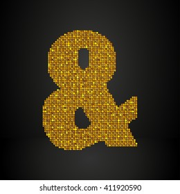 Vector sequins sign ampersand mark. Glitter font shape of gold dots, points, circles. Creative disco club bright sparkle. Golden glitters, sparkles, paillettes letters. Alarm, attention, error.
