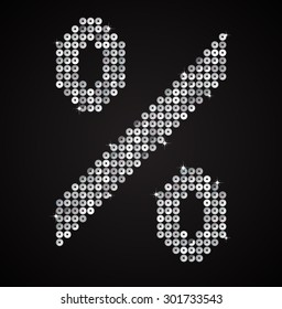 Vector sequins sign commercial percent. Glitter font shape of silver dots, points, circles. Creative disco club bright sparkle. Silver glitters, sparkles, paillettes letters. Store, retail, credit.