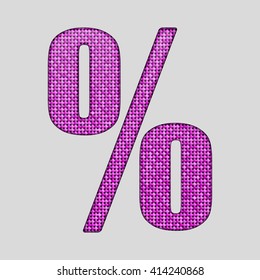 Vector sequins sign commercial percent. Glitter font shape of pink dots, points, circles. Creative disco club bright sparkle. Pink glitters, sparkles, paillettes letters. Store, retail, credit.