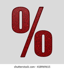 Vector sequins sign commercial percent. Glitter font shape of red dots, points, circles. Creative disco club bright sparkle. Red glitters, sparkles, paillettes letters. Store, retail, credit.