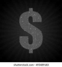 Vector sequins sign commercial percent. Glitter font shape of silver dots. Creative disco club bright sparkle. Silver glitters, sparkles, paillettes letters. Symbol usd dollar,  USA money. Sale. 