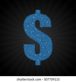 Vector sequins sign commercial percent. Glitter font shape of blue dots. Creative disco club bright sparkle. Blue glitters, sparkles, paillettes letters. Symbol usd dollar,  USA money. Sale. 