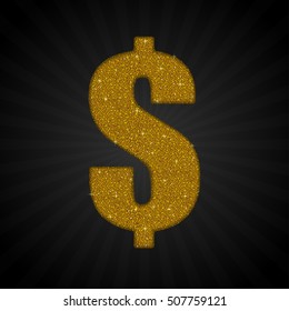 Vector sequins sign commercial percent. Glitter font shape of golden dots. Creative disco club bright sparkle. Gold glitters, sparkles, paillettes letters. Symbol usd dollar,  USA money. Sale. 