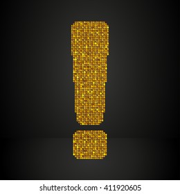 Vector sequins sign exclamation mark. Glitter font shape of golden dots, points, circles. Creative disco club bright sparkle. Gold glitters, sparkles, paillettes letters. Alarm, attention, error.