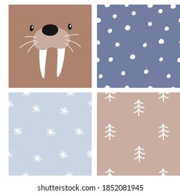 Vector ser with simple portrait arctic cute animal - walrus. Ans seamless abstract pattern for baby in scandinavian style. Cartoon characters Arctic and antarctic animals