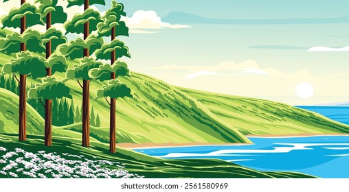 Vector A serene beach scene with lush green trees and calm sea.