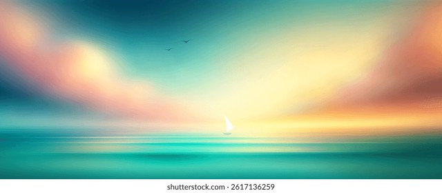 Vector Serene Seascape with Soft Gradient Sunset Clouds and Sailboat in Distance	
