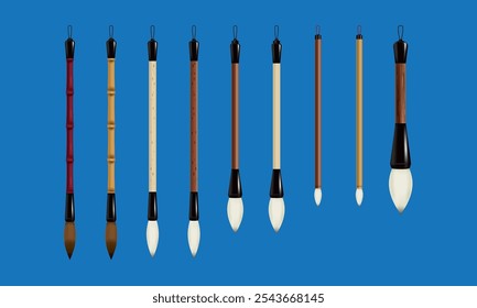 Vector of a series of Chinese calligraphy brushes. Vector with plain color background.