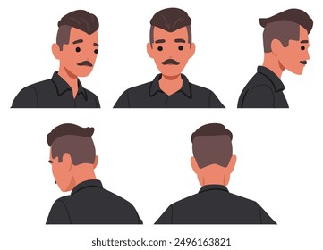 Vector Serie De Primer Plano Retratos De Un Hombre Mostrados Desde Diferentes Ángulos Destacan Detalles De Sus Rasgos Faciales, Peinado Y Expresión, Joven Bigote Adulto Carácter Masculino Con Aspecto Moderno