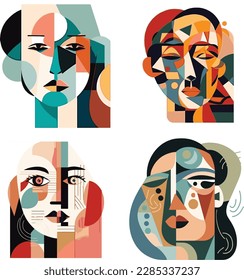 vector, a series of colorful abstract portraits of men and women, flat composition, emotive faces, intricate illustrations, cubist portraits, earthy color palettes