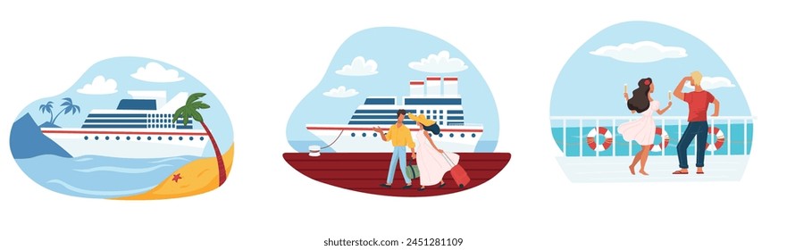 Vector series of cruise ship vacation scenes, flat design, isolated on white.