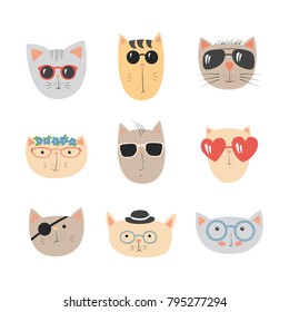 Vector series with cute cats. Illustration in sketch style t-shirt print, cards, poster. Kids animals. Funny character