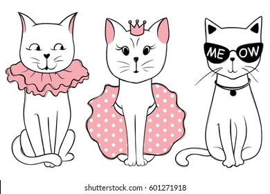 Vector series with cute fashion cats. Stylish kitten set. Trendy illustration in sketch style  t-shirt print, cards, poster. Doodle Kitty. Kids animals. Funny character.